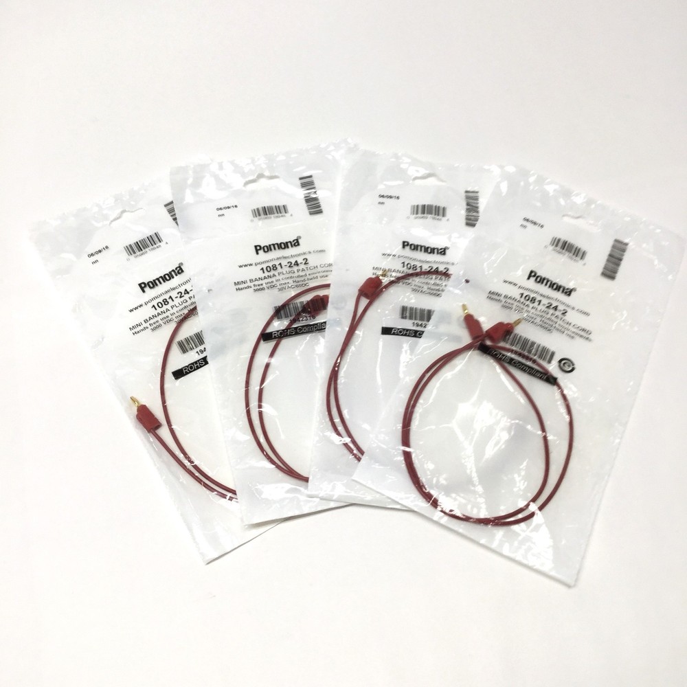 Lot of 4 Pomona 1081-24-2 Stackable Mini Banana Plug Patch Cords, Red, 24″ L