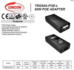Cincon New TRG60A-POE-L AC/DC 60W Single Port PoE Power Adapter