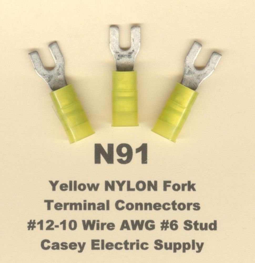 25 Yellow NYLON Insulated FORK SPADE Terminal Connector 12-10 Wire Gauge #6 Stud
