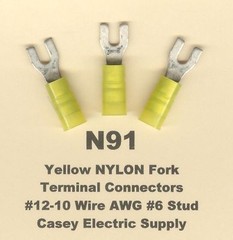 25 Yellow NYLON Insulated FORK SPADE Terminal Connector 12-10 Wire Gauge #6 Stud