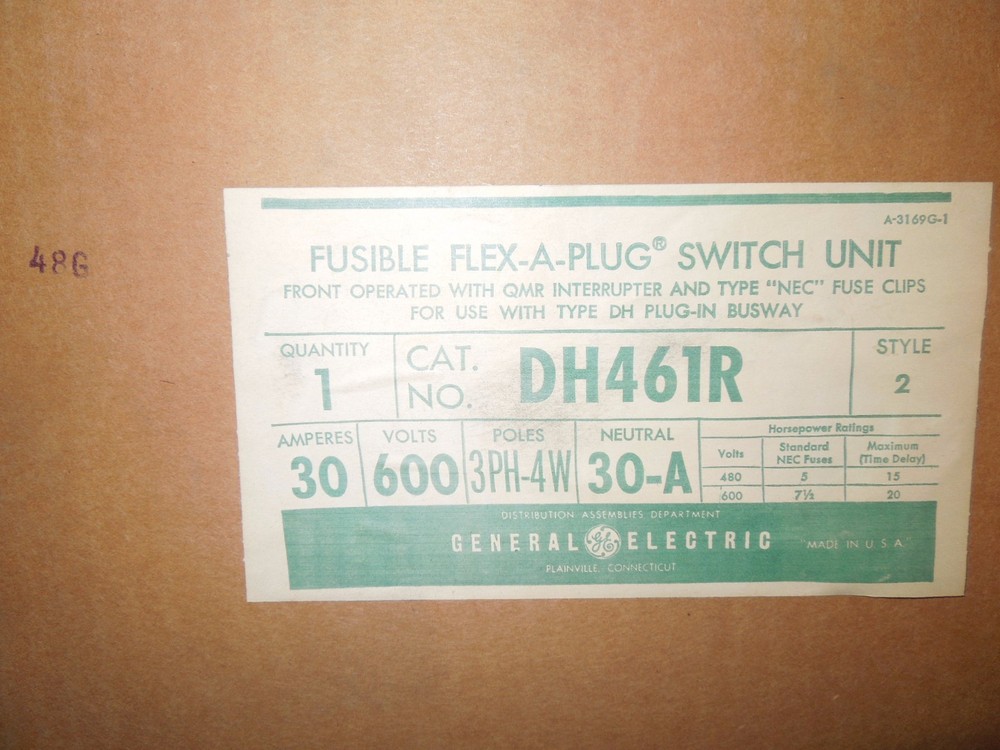 GE DH461R 30A 3ph 4W 600V FUSIBLE BUS PLUG