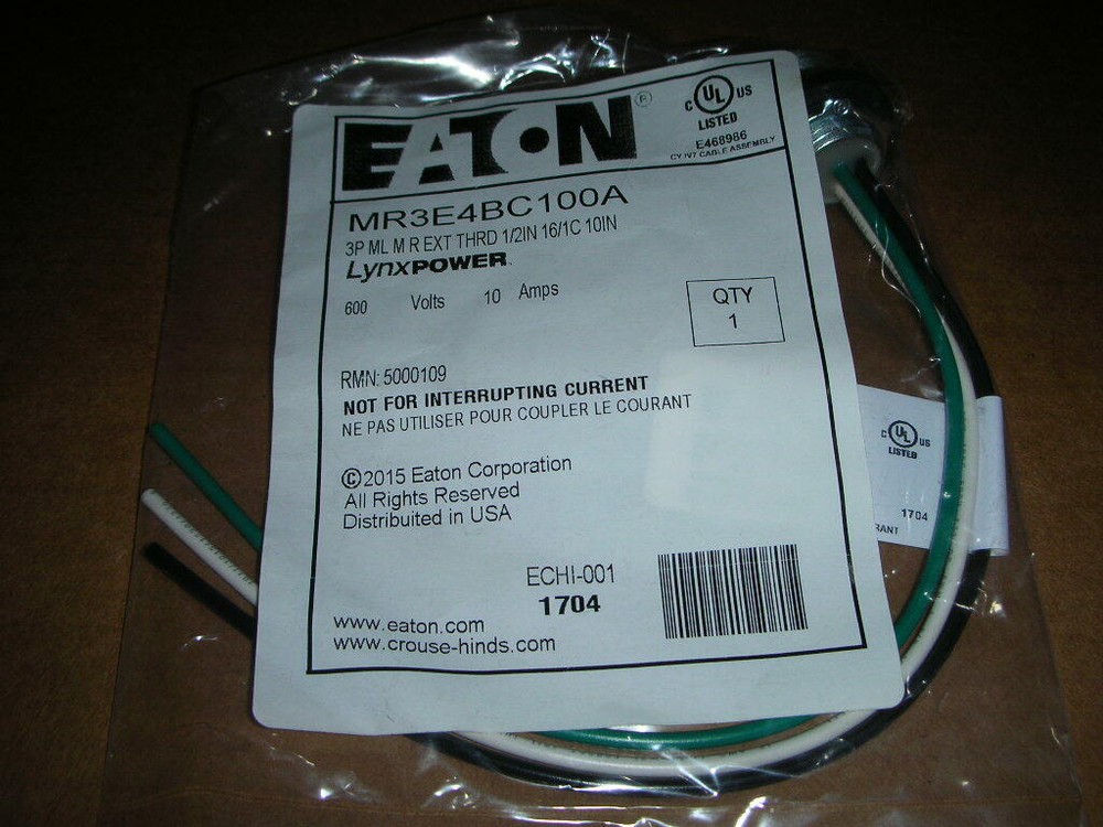 Eaton Crouse Hinds Cooper MR3E4BC100A 5000109-10 3-Pole Receptacle 1/2″ NPT NEW!