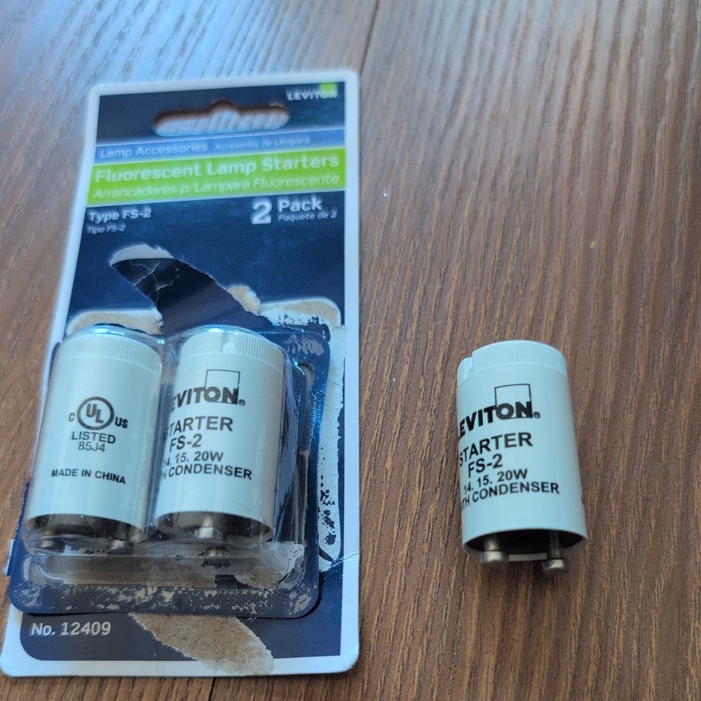 Lot of 2 Leviton FS-2 Fluorescent Lamp Starters 14/15/20 Watts W/ Condenser FS2