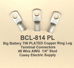10 TIN PLATED Battery Copper RING Lug Terminal Connector #8 Wire Gauge 1/4″ Stud