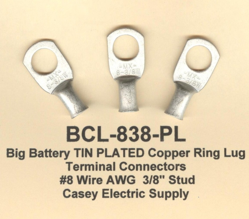 10 Big TIN PLATED Copper Ring Lug Terminal Connector #8 Wire Gauge 3/8″ Stud