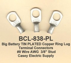10 Big TIN PLATED Copper Ring Lug Terminal Connector #8 Wire Gauge 3/8″ Stud