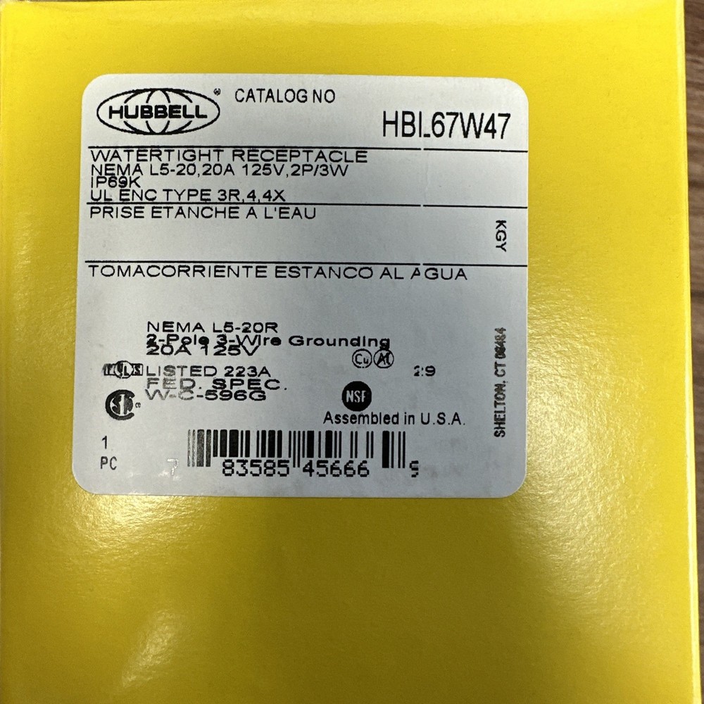 HUBBELL HBL67W47 WATERTIGHT RECEP ASSEMBLY, NEMA L5-20R – NEW!