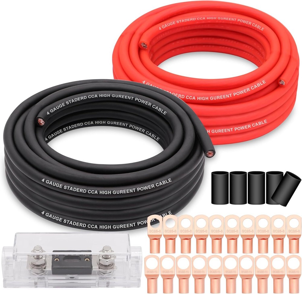 4 Gauge Wire Copper Clad Aluminum CCA 50FT AWG4, 50FT-Red/Black W/ Fuse