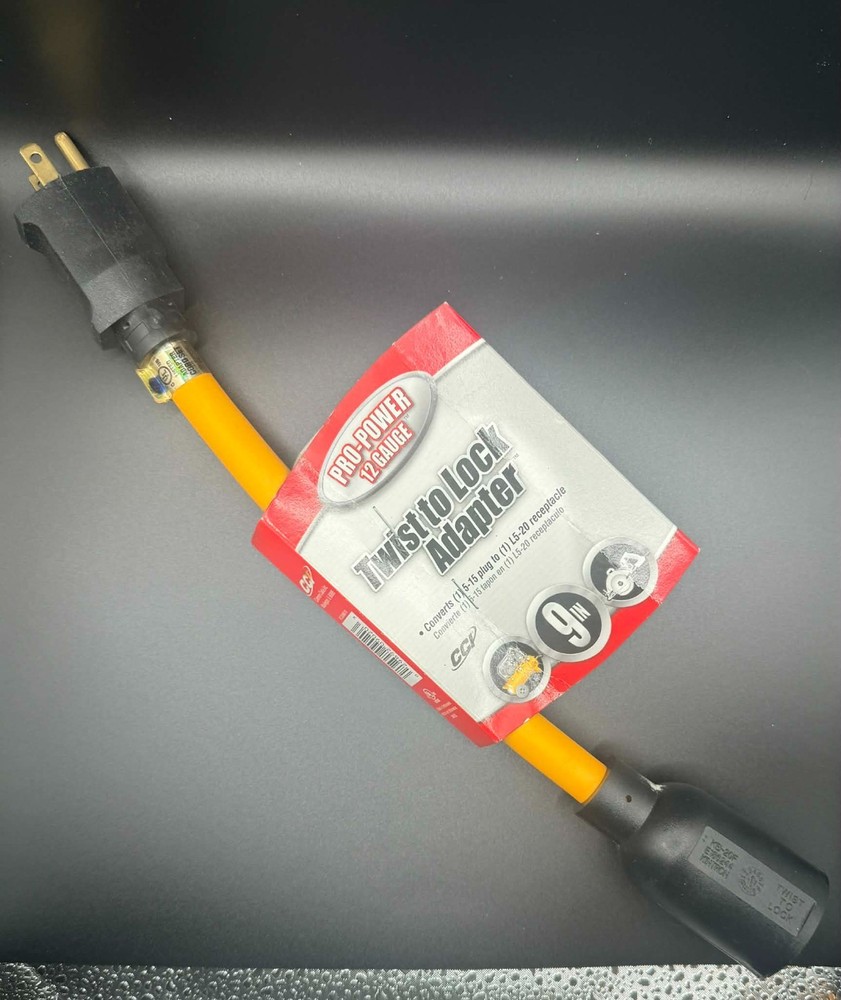 Twist-to-Lock Cord Adapter 9″ 12/3 STW Yellow 15A 125V Plug to L5-20R