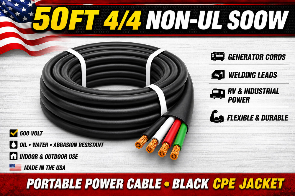 4/4 SOOW Portable Cord 50FT 600V Non UL Black Flexible Cable USA Made