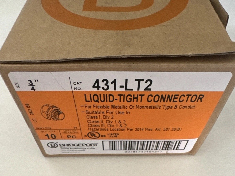 Box Of 10 Bridgeport Fittings 431-LT2 Liquid Tight Connector 3/4in