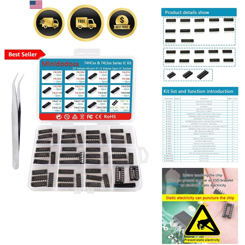 49Pcs 25 Types 74HCxx and 74LSxx Series Logic IC Assortment Kit & Socket, Log…