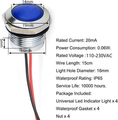 4PCS 110V 20mA Energy Saving Metal Indicator Light Waterproof Indi Color: Blue