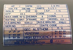 Gec Alsthom High Efficiency Electric Motor HLH11 2 HP 230/460V 3PH 3475 RPM