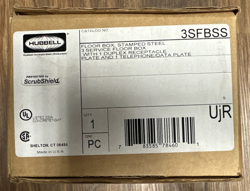 HUBBELL 3SFBSS 3 SERVICE STAMPED STEEL FLOOR BOX WITH PLATES **NEW IN BOX**