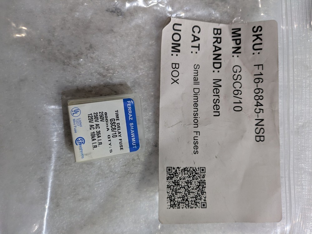 FERRAZ SHAWMUT MERSEN 600mA 250V 250V 125V 35A 10KA. GSC6/10 FUSE (BOX OF 5)