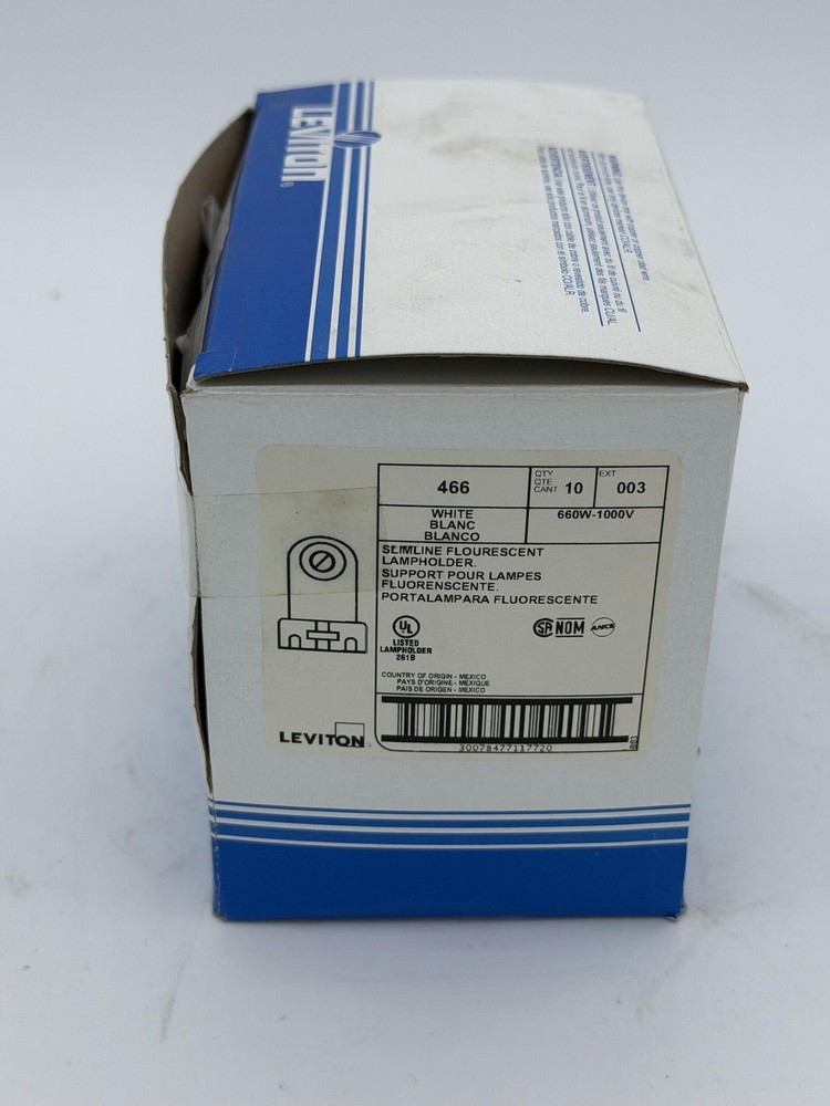 Leviton 466 Slimline Fluorescent Lampholder 660W 1000V White 10pk Mexico Socket