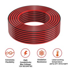 2 Conductor 18 Gauge Cable 30ft, Flexible PVC, Car Stereo LED, Red Black