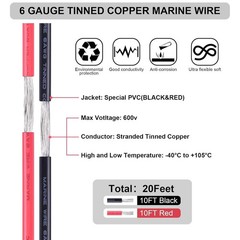6 Gauge Wire, 10Ft Black & 10Ft Red 6 Awg Tinned Copper Electrical Wire C