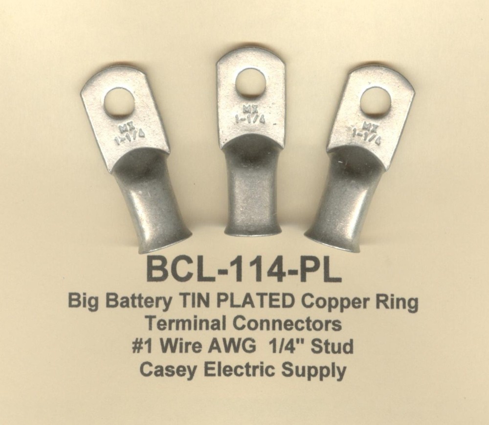 10 TIN PLATED Copper Ring Lug Terminal Connector #1 Wire Gauge 1/4″ Stud MOLEX