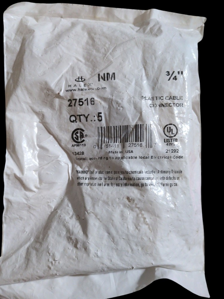 (5-Pk) Halex Plastic Cable Connector 3/4″ 27516 Qty Of 3