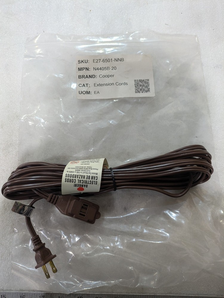 Cooper N4405B-20 Brown 20FT 2-Prong Polarized Extension Cord 2-Outlet Indoor Use