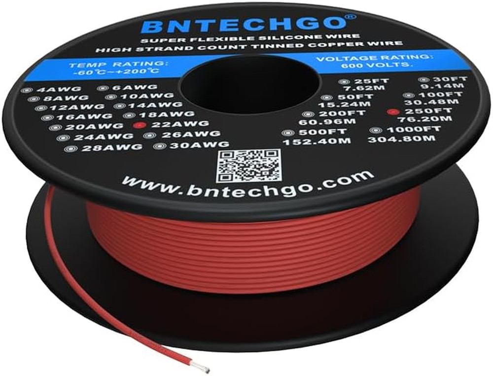 22 Gauge Silicone Wire Spool 250 ft Red Flexible 22 AWG Stranded Tinned Copper W