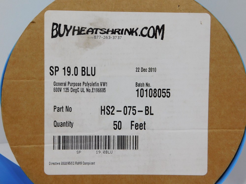 50′ 3/4″ General purpose Ployolefin HS2-075-BL VW1 600V 125DegC Heat Shrink Blue