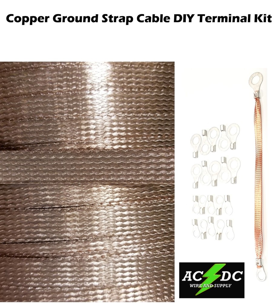 10′ Copper Ground Strap Cable KIT + DIY Terminal Kit 3/8″ FLAT Braid Wire