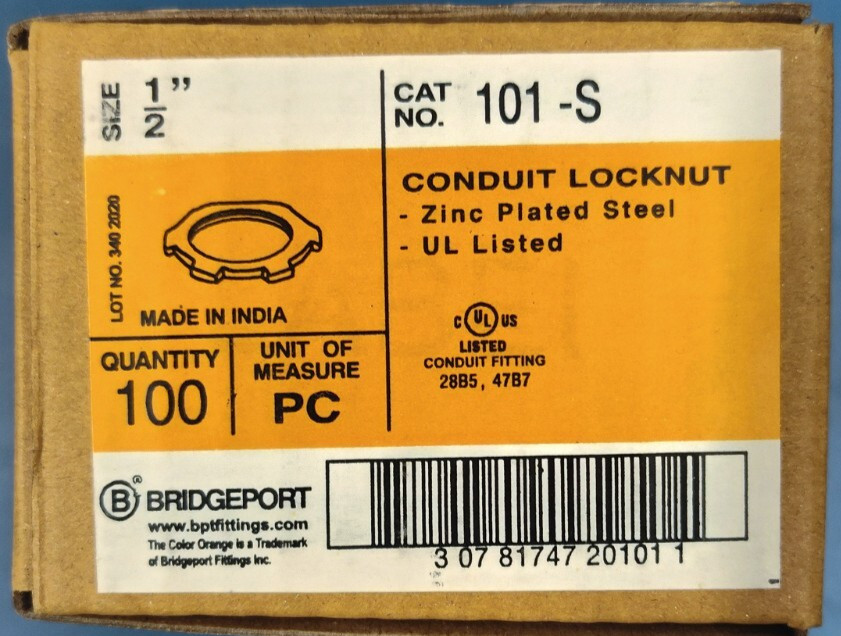 Bridgeport 100ct Box Conduit Locknut Zinc Plated Steel (Size: 1/2″)
