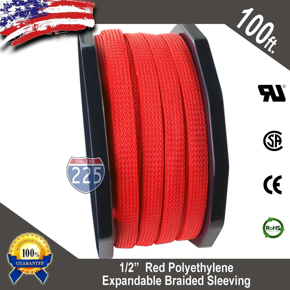100 FT 1/2″ Red Expandable Wire Cable Sleeving Sheathing Braided Loom Tubing US