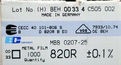 BEYSCHLAG 1000x Metal Film Resistors 820Ω 820 Ohm Tolerance 0.1%
