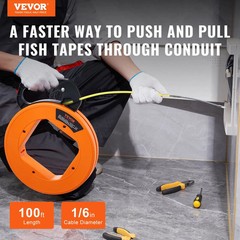 Fish Tape, 100 ft, 1/6-inch, Fiberglass Wire Puller with Optimized Housing and