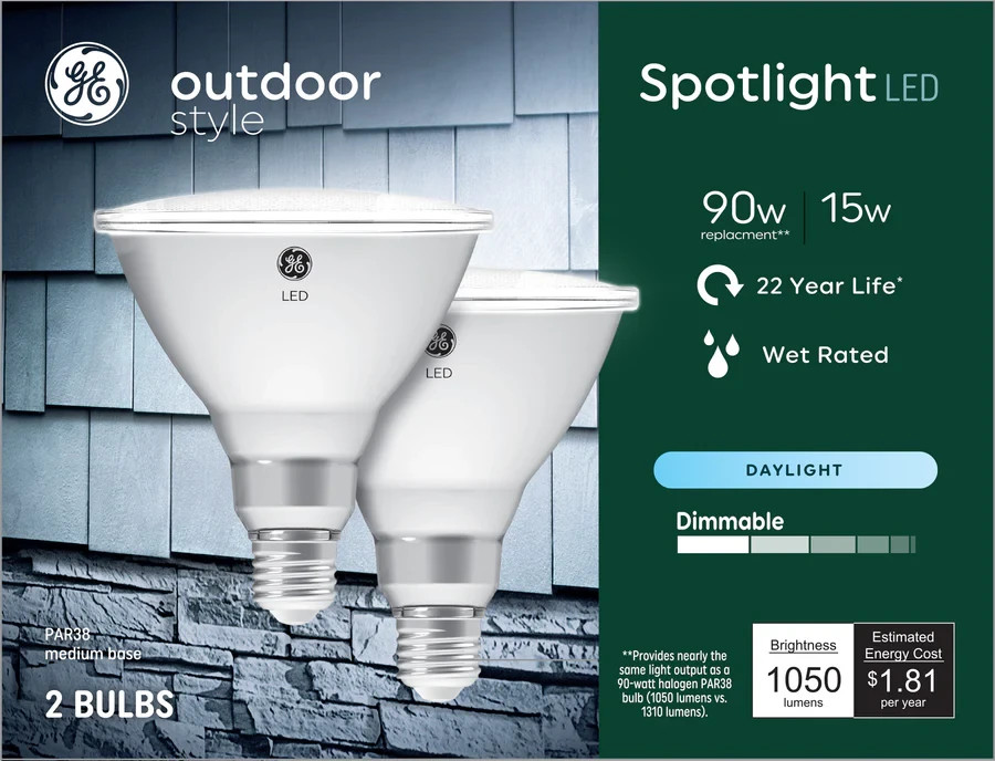 LED Outdoor Spotlight, Daylight, Medium Base, PAR38, 15 Watt a set of 2 bulbs
