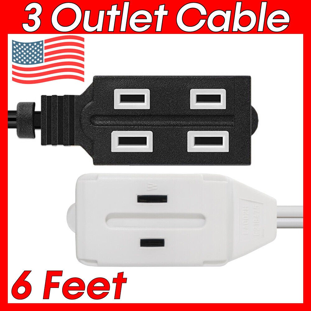 6FT 3-Outlet Extension Power Cord White 2 Prong Protection Outlet Cover Indoor
