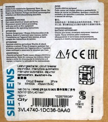 SIEMENS Circuit Breaker VL400 3VL4740-1DC36-0AA0 415VAC 3 Pole IR-320…400A