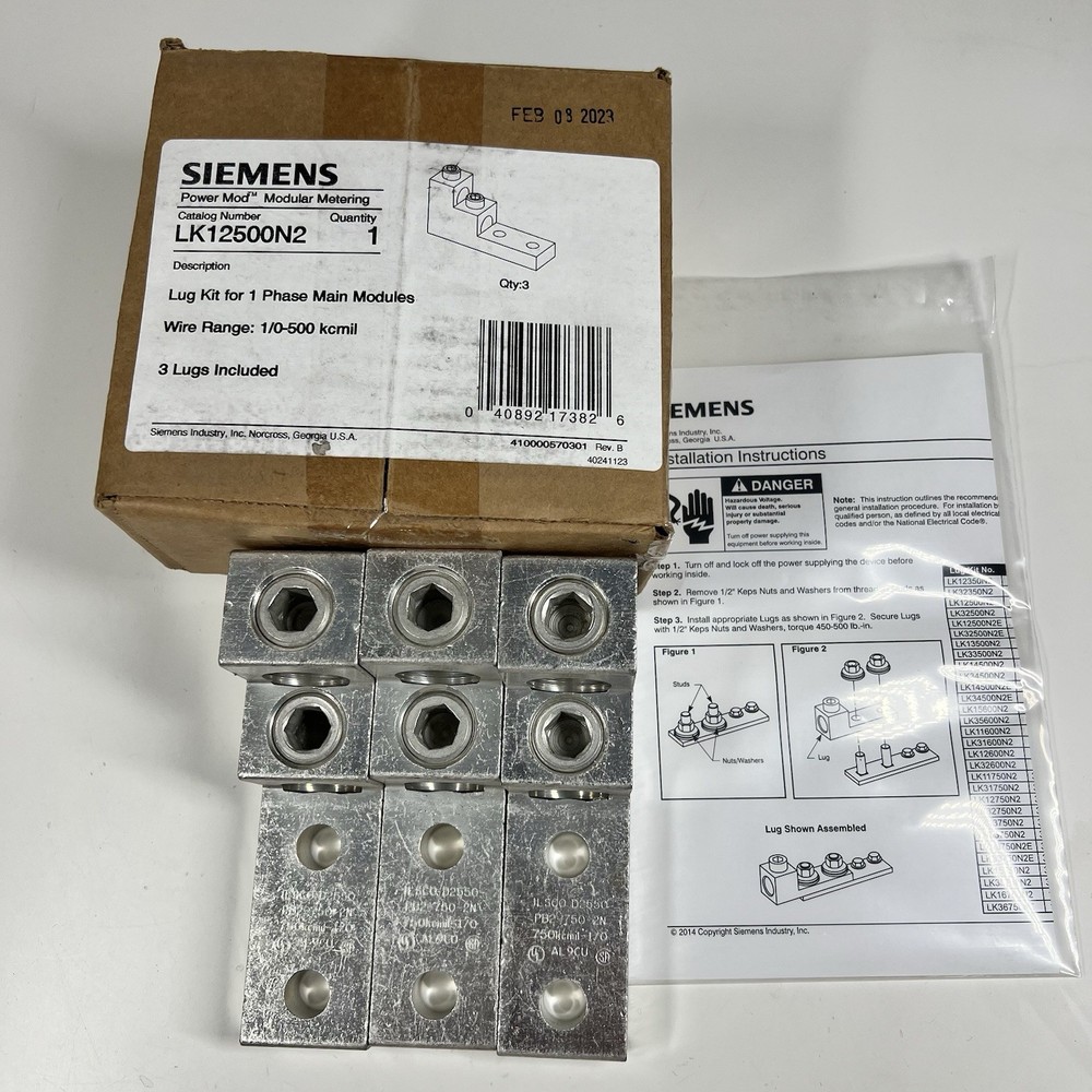 Siemens Power Mod Lug Kit for 1 Phase Main Modules Wire Range: 1/0-500 kcmil NEW
