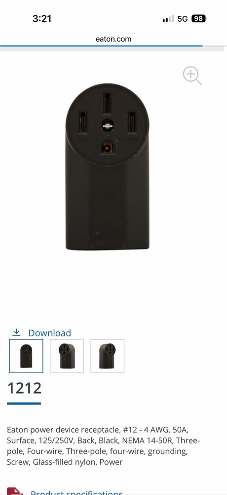 Eaton 1212 Range/Power Outlet 50A 125/250V