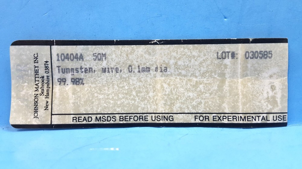 PURE TUNGSTEN WIRE, 10404A, 99.98%, 0.1MM DIA. 50M, Johnson Matthey Inc.