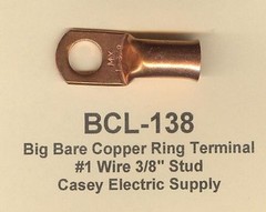10 Bare Battery BIG COPPER LUG Ring Terminal Connectors #1 Wire Gauge 3/8″ Stud