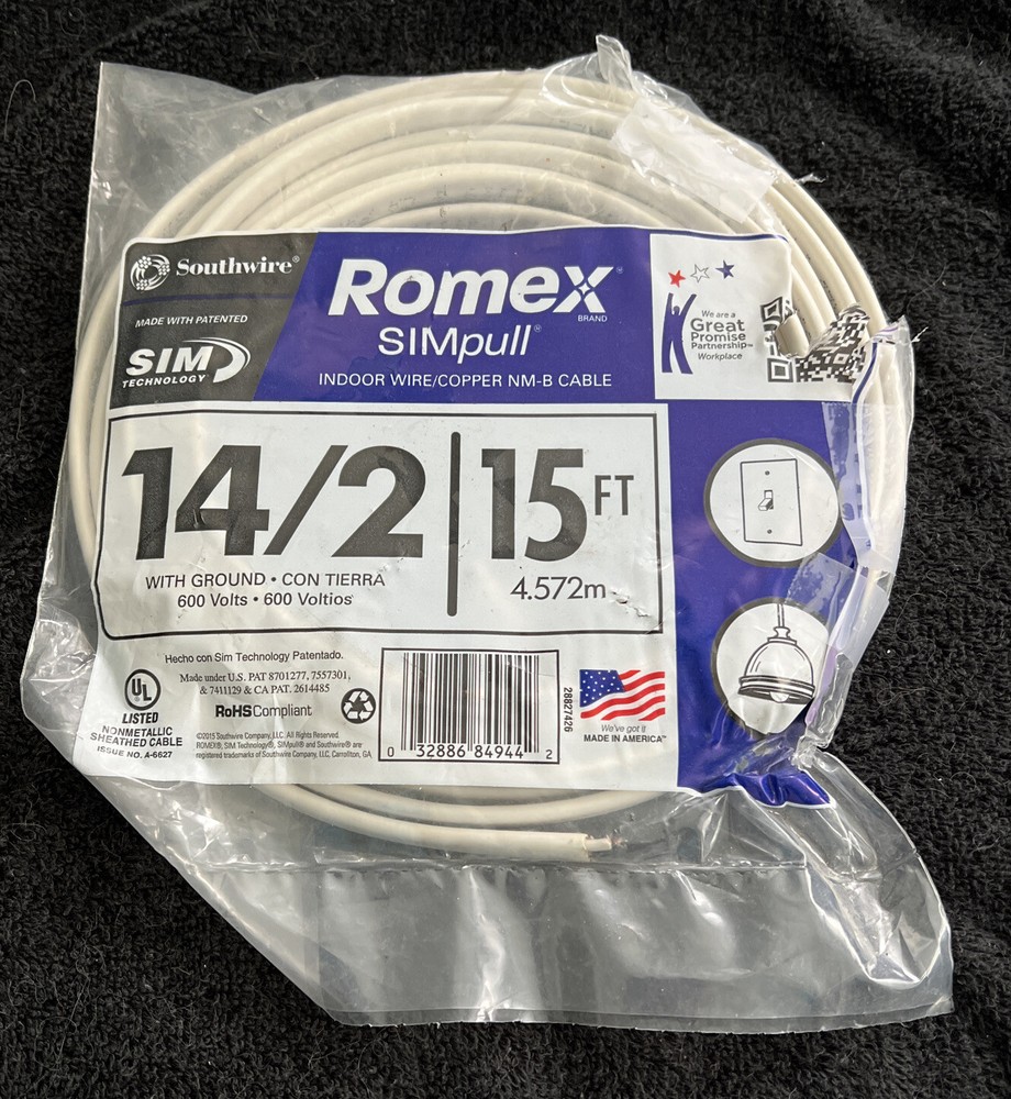 SOUTHWIRE ROMEX 15 FT. 14-2 SOLID WHITE INDOOR WHITE COPPER CABLE