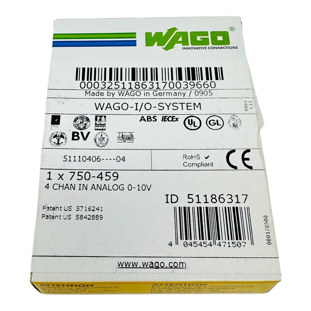 WAGO 750-459 INPUT MODULE ANALOG 4 CHANNEL 10 VDC NEW/NOS IN FACT SEALED BOX