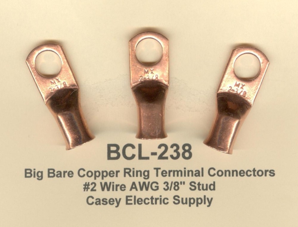 20 Big Bare Battery COPPER Ring Lug Terminal Connector #2 Wire Gauge 3/8″ Stud