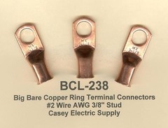 20 Big Bare Battery COPPER Ring Lug Terminal Connector #2 Wire Gauge 3/8″ Stud