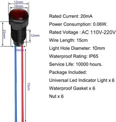 6pcs Red LED Indicator Indicator Light 110VAC 10mm Mounting Hole Flame