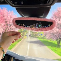 Stretchy Plush Rear View Mirror Cover Decal in Furry Pink, Laser Color: Pink2