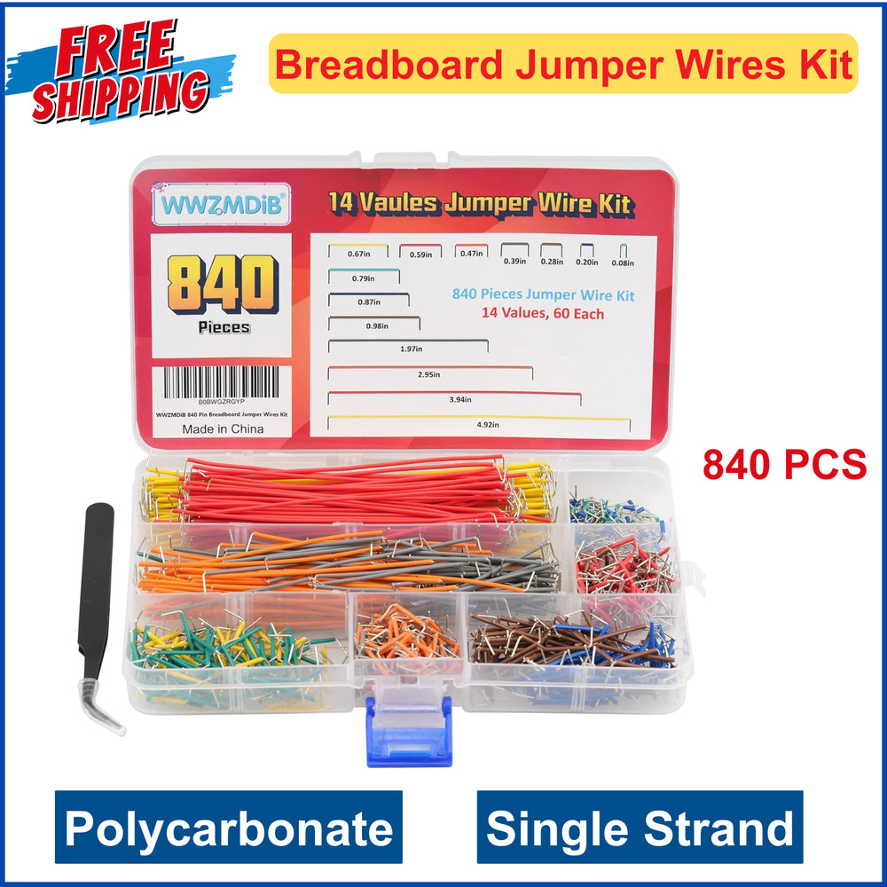 840 Pin Breadboard Jumper Wires Kit 14 Vaules 2-125mm, Single Strand, Assorted