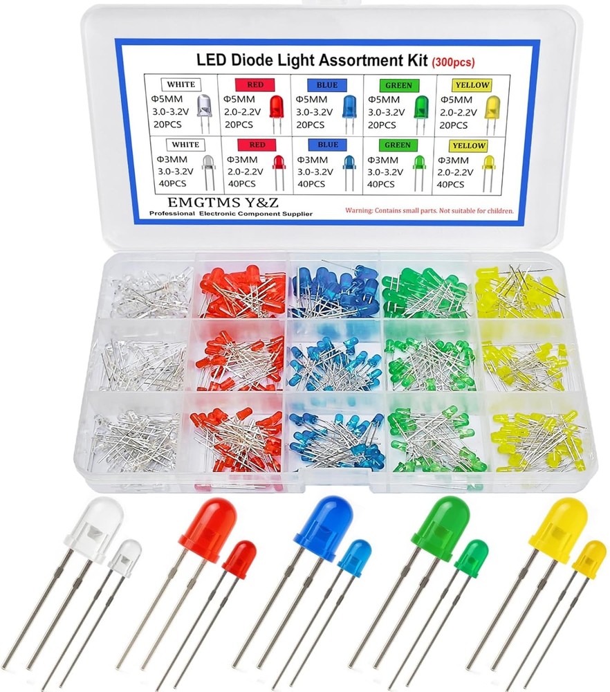 300pcs 3mm 5mm LED Diode Assortment Kit White Red Blue Green Yellow Light