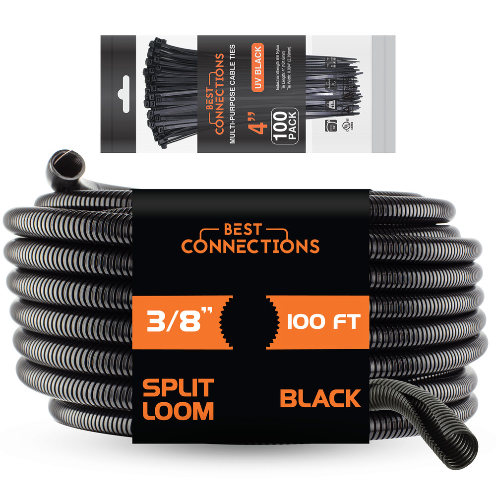 100 Ft 3/8″ Split Wire Loom Tubing with 4″ Nylon Cable Zip Ties 100 Pieces