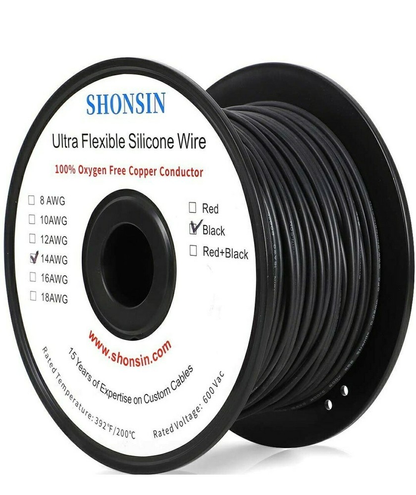 Shonsin 14 AWG 100FT Ultra Flexible Silicone Wire 100% pure cooper 26 Amp BLACK